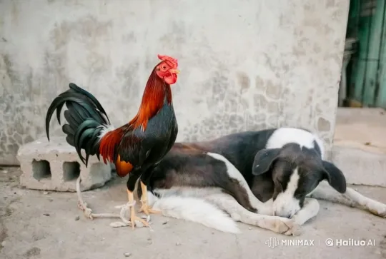 Rural Serenity: Rooster and Resting Dog – AI Generated Video | Hailuo AI