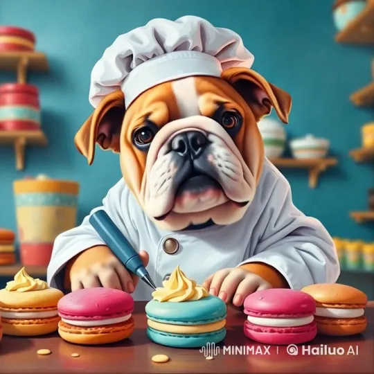 Cute Bulldog Chef Decorates Macarons in Cozy Kitchen – AI Generated Video | Hailuo AI