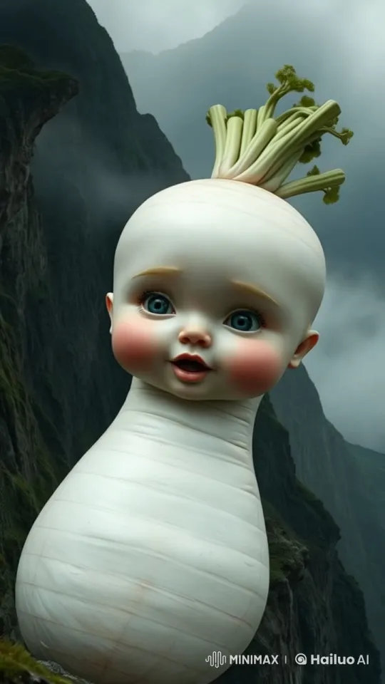 Whimsical Radish Dances Gracefully in Highland Mist – AI Generated Video | Hailuo AI