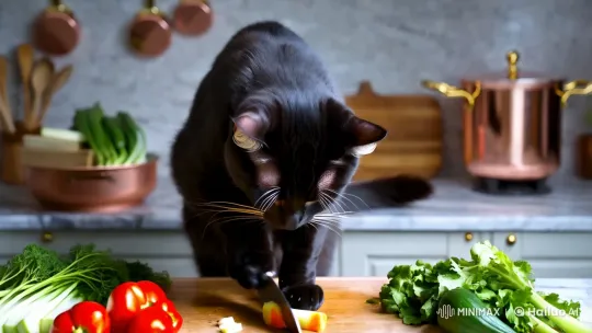 Feline Chef: Artful Vegetable Chopping in Elegant Kitchen – AI Generated Video | Hailuo AI