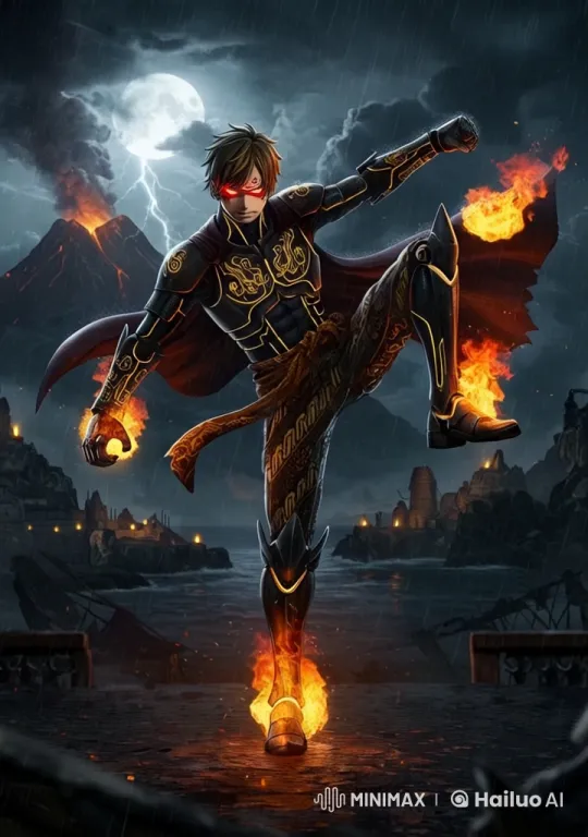 Warrior in Fiery Stance Amidst Volcanic Storm – AI Generated Video | Hailuo AI