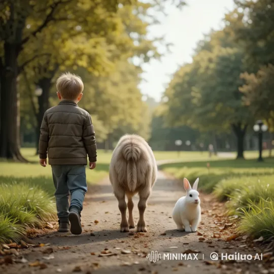 Boy, Sheep, and Rabbit in Serene Park Setting – AI Generated Video | Hailuo AI