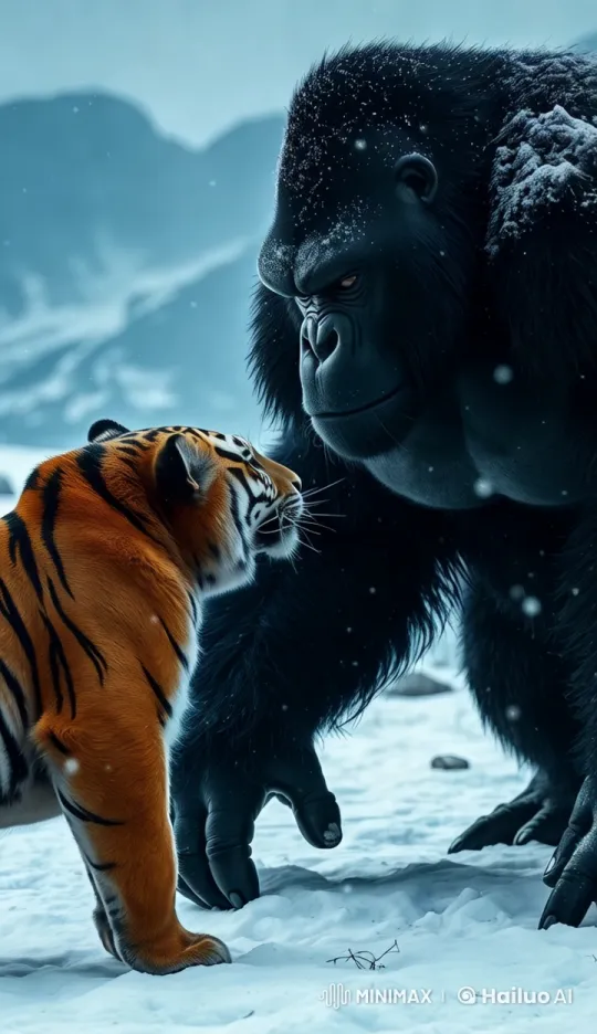 Gorilla and Tiger Face Off in Snowy Landscape – AI Generated Video | Hailuo AI