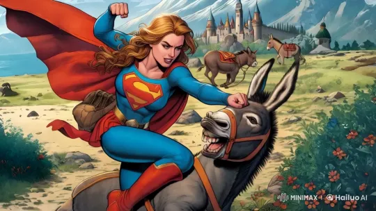Supergirl Delivers Dramatic Punch to Comical Donkey in Majestic Setting – AI Generated Video | Hailuo AI