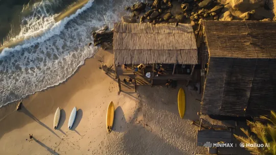 Tranquil Coastal Beauty with Dynamic Surfing Scene – AI Generated Video | Hailuo AI