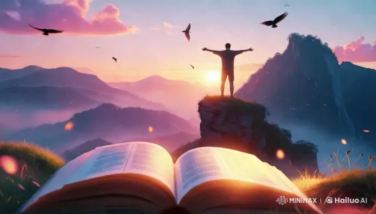 Man Embraces Sunrise on Mountain with Open Book – AI Generated Video | Hailuo AI