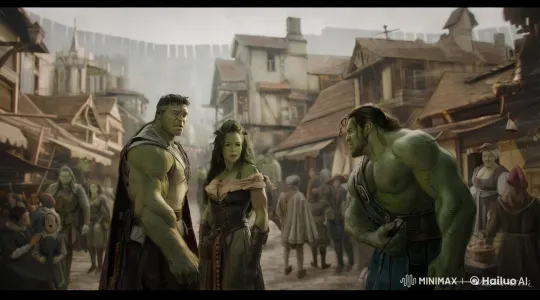 Medieval Town Alert: Skaar Warns Hulk and She-Hulk of Impending Attack – AI Generated Video | Hailuo AI