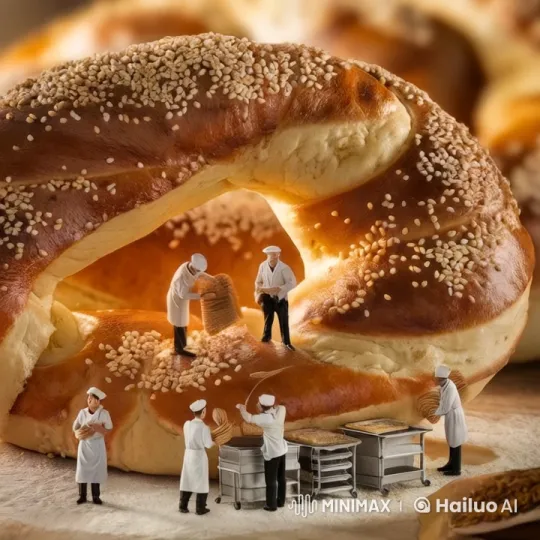 Tiny Bakers Craft Giant Sesame Bread Ring – AI Generated Video | Hailuo AI