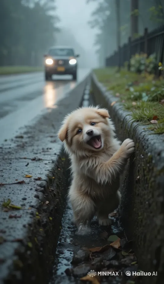 Puppy Struggles to Escape Drainage Ditch in Foggy Roadside Scene – AI Generated Video | Hailuo AI