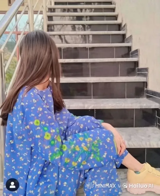 Young Woman in Blue Floral Dress on Staircase – AI Generated Video | Hailuo AI