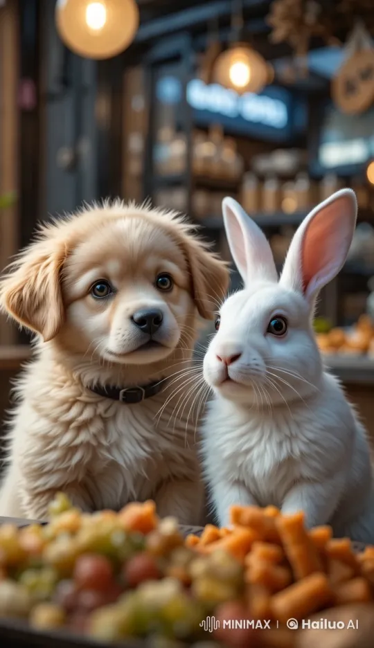 Puppy and Rabbit Anticipate Treats in Cozy Shop – AI Generated Video | Hailuo AI