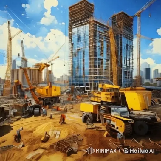 Construction of Skyscraper with Complex Machinery and Workforce – AI Generated Video | Hailuo AI