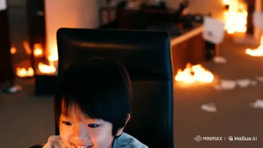Child Calmly Types Amidst Office Inferno – AI Generated Video | Hailuo AI