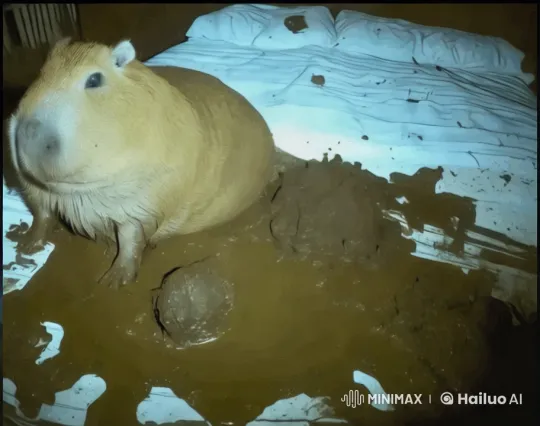 Capybara and Beaver Playfully Fight in Mud-Filled Bedroom – AI Generated Video | Hailuo AI