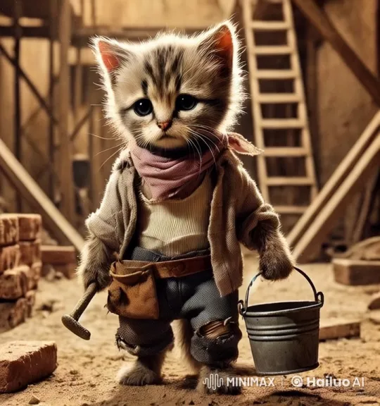 Anthropomorphic Cat Rescues Ant on Construction Site – AI Generated Video | Hailuo AI