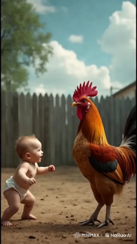 Baby and Rooster in Serene Backyard Interaction – AI Generated Video | Hailuo AI