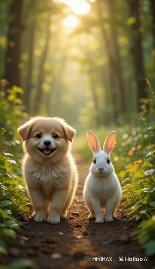 Joyful Puppy and Rabbit Stroll Through Golden Forest – AI Generated Video | Hailuo AI