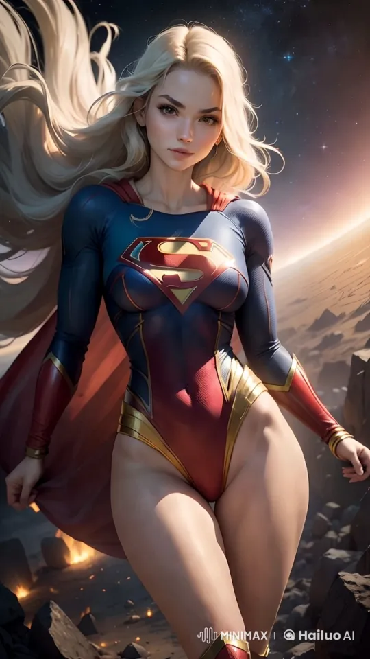 Graceful Superheroine in Dynamic Flight Over Otherworldly Landscape – AI Generated Video | Hailuo AI