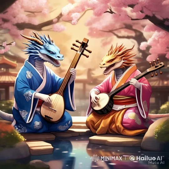 Two Dragon Musicians by a Tranquil Pond – AI Generated Video | Hailuo AI