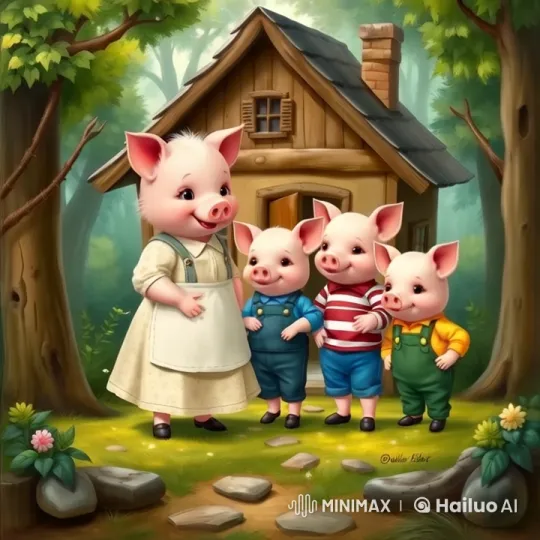 Mother Pig Advises Her Three Little Pigs in a Cozy Forest Setting – AI Generated Video | Hailuo AI