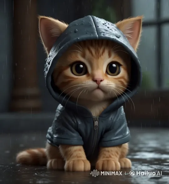 Aesthetic Video of a Raincoated Kitten in a Rainy Day – AI Generated Video | Hailuo AI