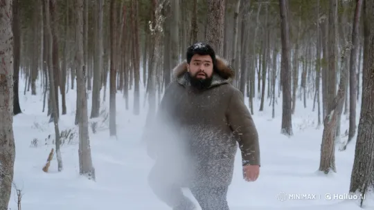 Man in Fur Coat Explores Snowy Forest Clearing – AI Generated Video | Hailuo AI