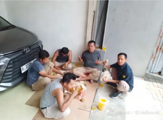 Five friends share a meal in a garage setting. – AI Generated Video | Hailuo AI