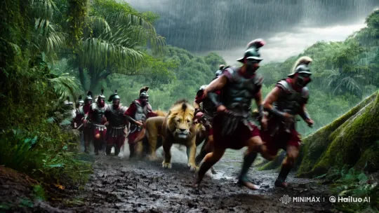 Roman Warriors and Lions Charge Through a Rainy Jungle – AI Generated Video | Hailuo AI