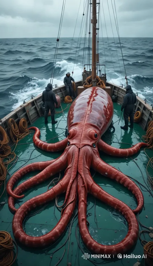 Squid Catch on Turbulent Sea with Fishermen – AI Generated Video | Hailuo AI