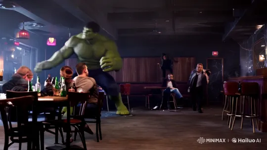 Hulk's Rampage in a Chaotic, Dimly Lit Bar – AI Generated Video | Hailuo AI