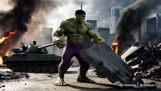 Hulk Rages Amidst War-Torn Cityscape Destruction – AI Generated Video | Hailuo AI
