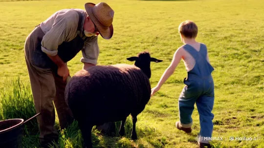 Elderly Farmer, Boy, and Sheep on Tranquil Farm – AI Generated Video | Hailuo AI