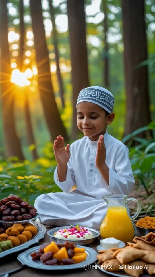 Young Boy Prays in Peaceful Forest Iftar Scene – AI Generated Video | Hailuo AI
