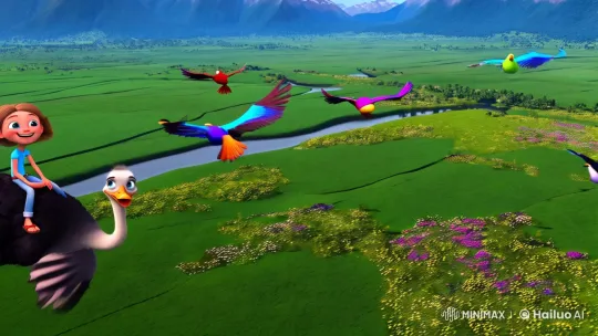 Child Rides Majestic Ostrich in Enchanting Sky Ballet – AI Generated Video | Hailuo AI