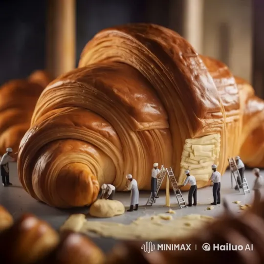 Miniature Workers Craft Giant Croissant in Aesthetic Kitchen – AI Generated Video | Hailuo AI