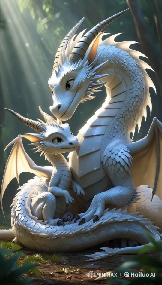 White Dragon and Offspring Share Tender Moment in Forest – AI Generated Video | Hailuo AI