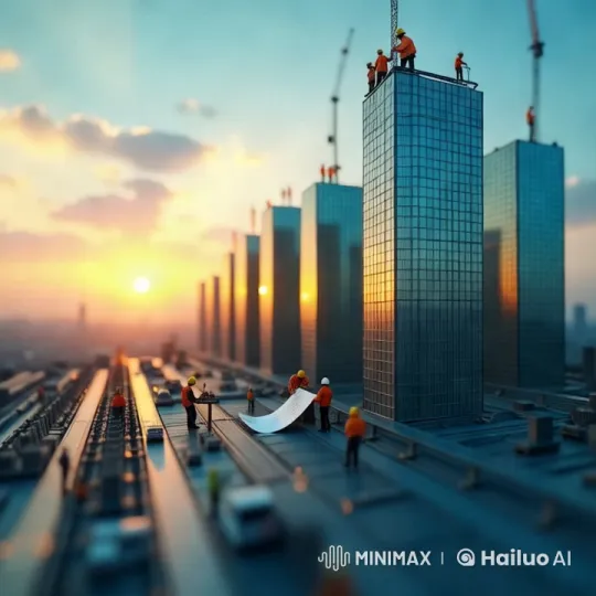 Sunset Over Construction: Engineers at Work on Bridge – AI Generated Video | Hailuo AI