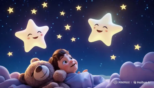 Child and Stuffed Bear Gaze at Winking Stars – AI Generated Video | Hailuo AI