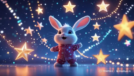 Bunny Enchanted by Dancing Star Trails in Night Sky – AI Generated Video | Hailuo AI