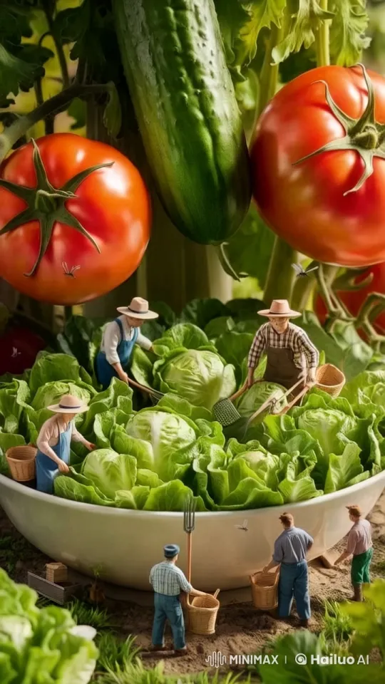 Miniature Farmers Harvest Giant Salad Bowl – AI Generated Video | Hailuo AI