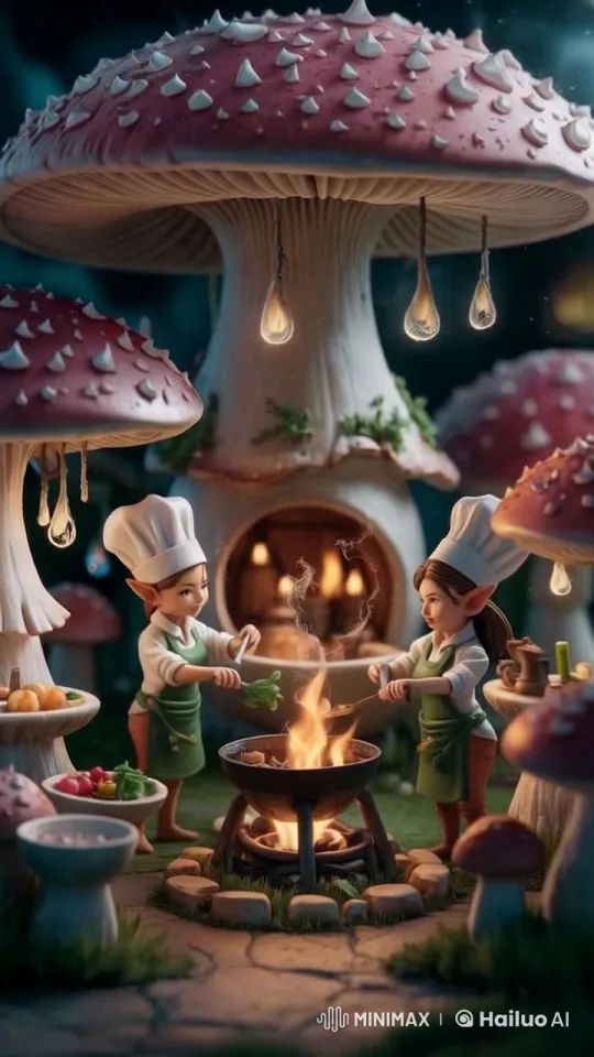 Tiny Elf Chefs Prepare Feast in Enchanting Mushroom Village – AI Generated Video | Hailuo AI