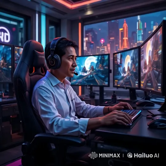 Sleek Gaming Setup with Futuristic Cityscape – AI Generated Video | Hailuo AI