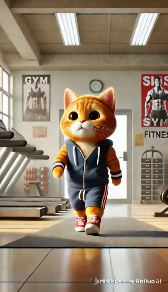 Anthropomorphic Cat Enters Stylish Modern Gym – AI Generated Video | Hailuo AI