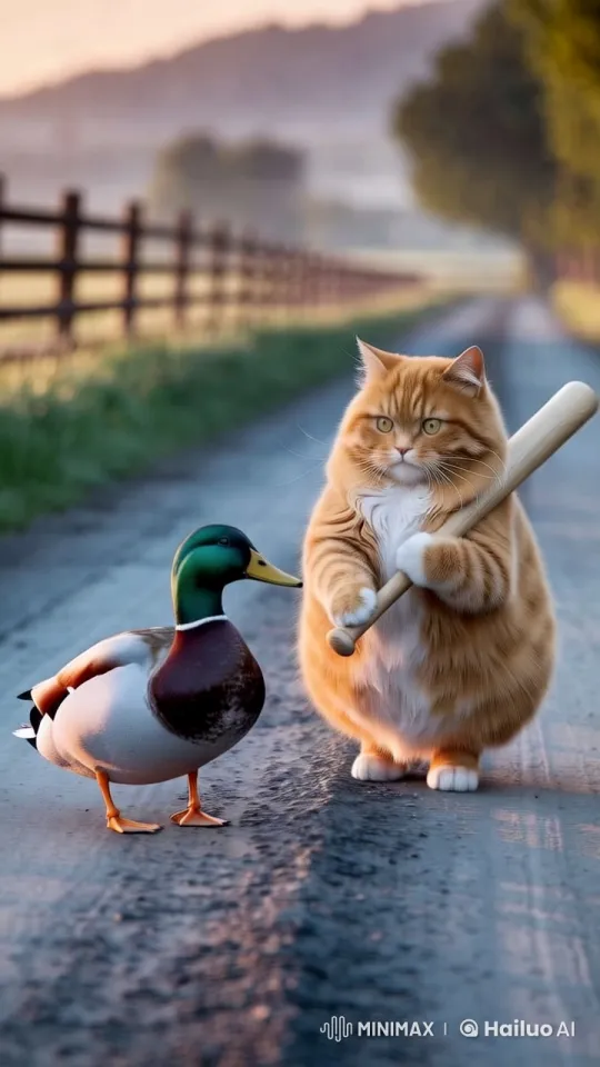 Aesthetic Cat Strikes Duck on Rural Road – AI Generated Video | Hailuo AI