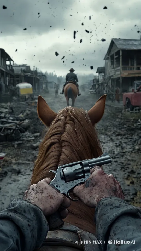 Post-Apocalyptic Horseback Rider in Desolate Town – AI Generated Video | Hailuo AI