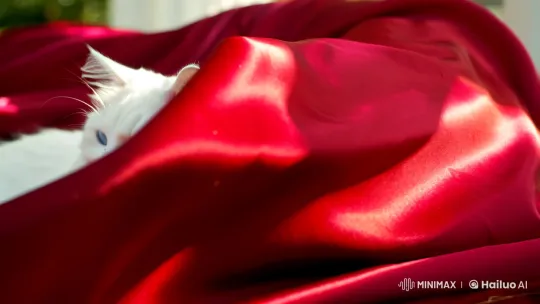 White Cat Beneath Elegant Red Cloth - 8K Video Clip – AI Generated Video | Hailuo AI
