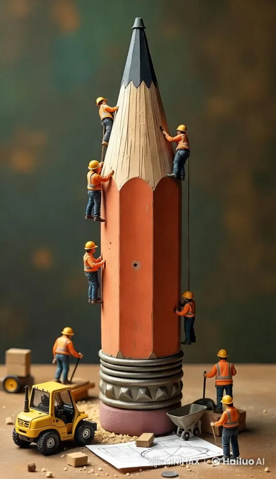 Mini Workers Climb and Paint a Giant Pencil in Colorful Construction Site – AI Generated Video | Hailuo AI