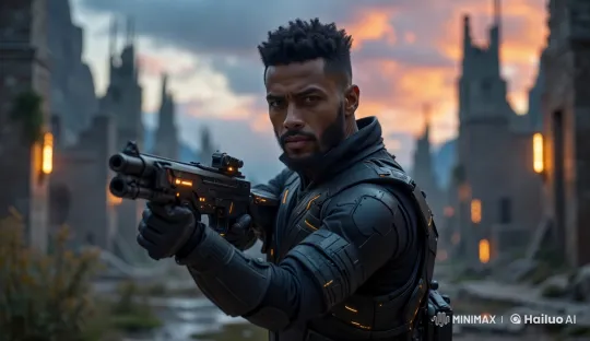 Mixed-Race Soldier Fights Female Wraith Alien in Ruined Alien City – AI Generated Video | Hailuo AI