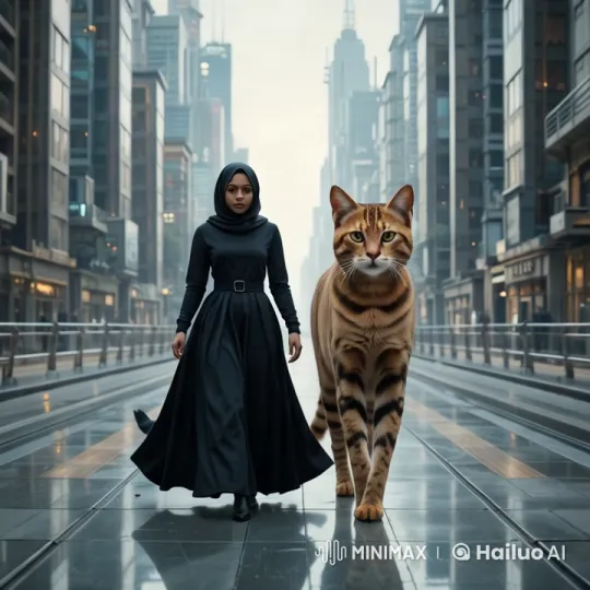 Woman and Bengal Cat Stride Through Modern Cityscape – AI Generated Video | Hailuo AI