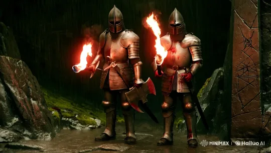 Knights at the Cave Entrance: Aesthetic and Menacing Atmosphere – AI Generated Video | Hailuo AI